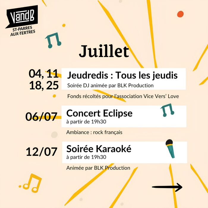 Juillet au V and B (concerts, karaoké, blind-test, champ'party, Euro 2024)
