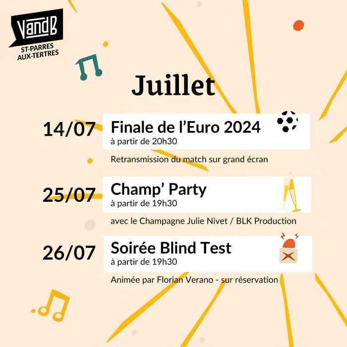 Juillet au V and B (concerts, karaoké, blind-test, champ'party, Euro 2024)